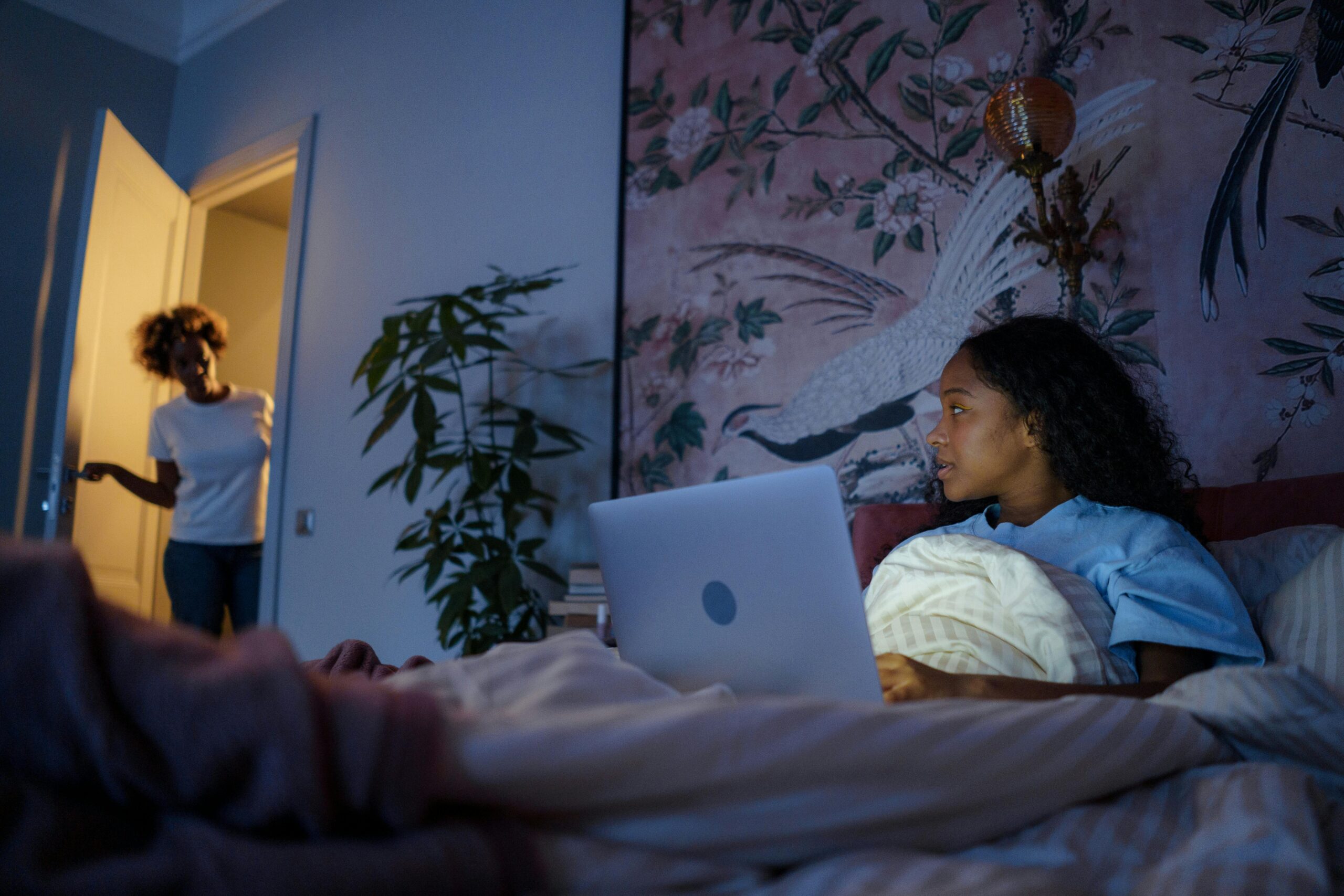 Teenager using her computer on the bed in the dark